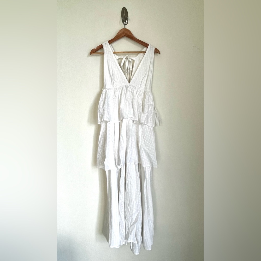 RHODE Resort Leela Tiered V-Neck White Cotton Ruffle Midi Dress – Sz. 4 Bridal - Picture 9 of 13